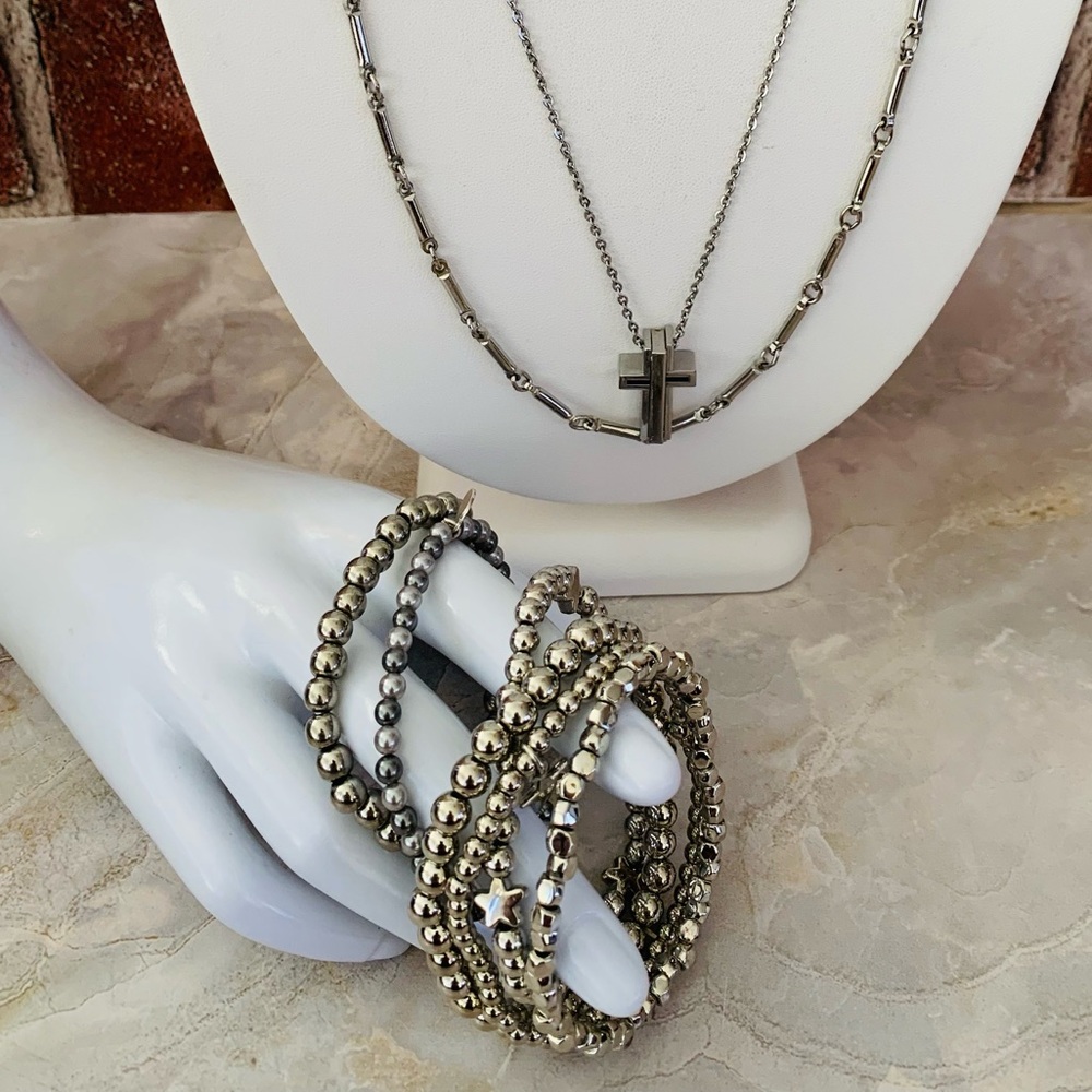 Silver Cross and Link Necklaces with Beaded Stacking Bracelet Set